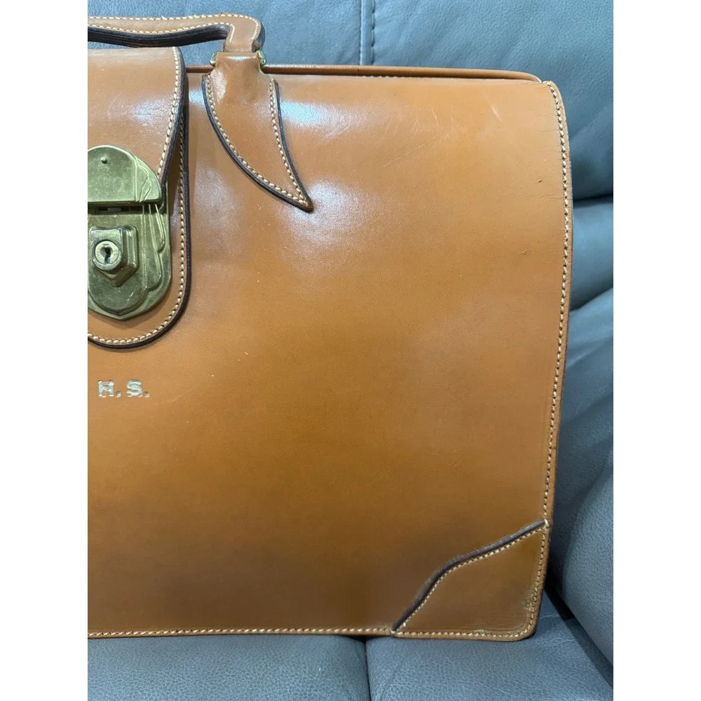 Vintage Tan Leather Briefcase Brass Lock Accordion Document Bag  H.S.‎
